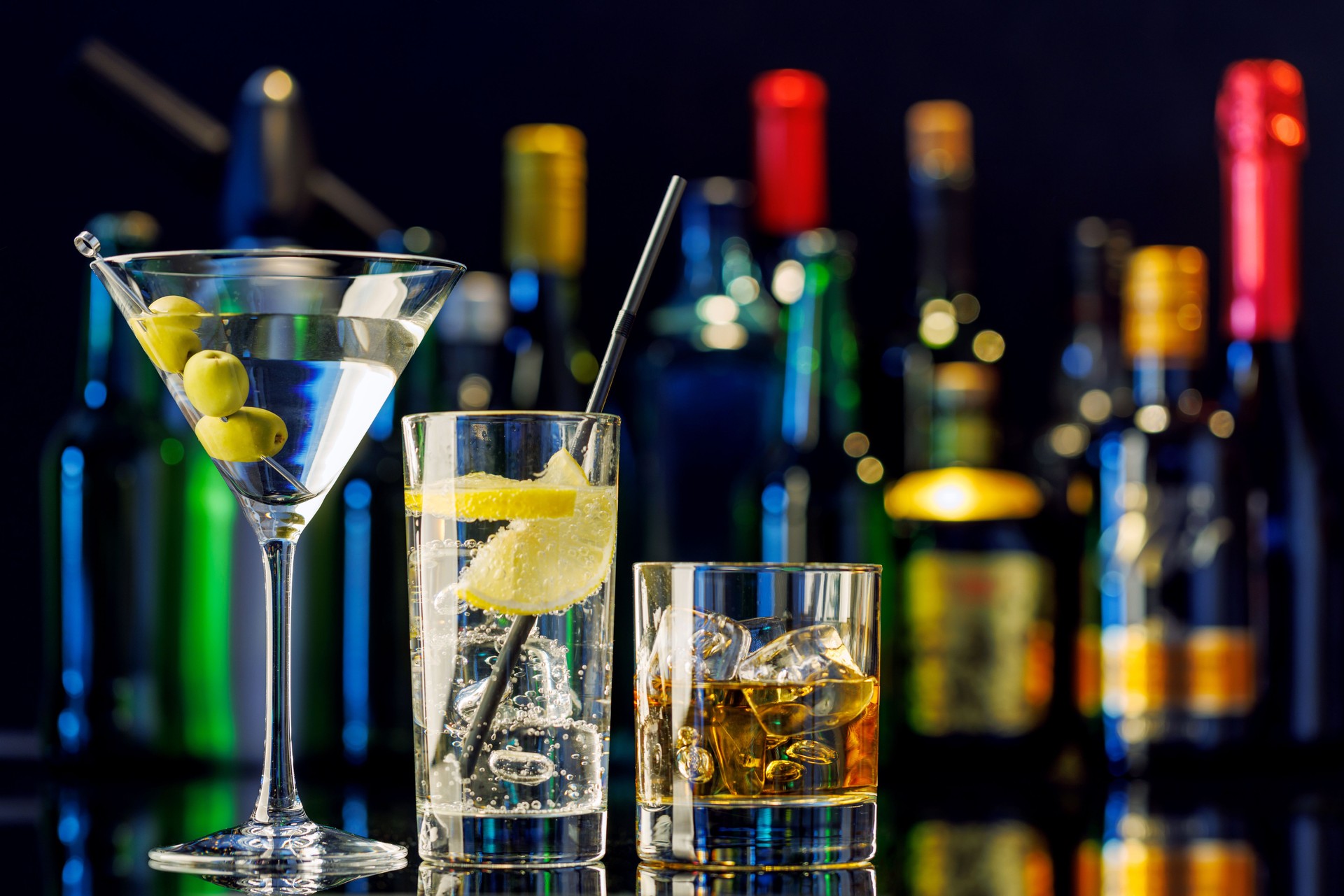 Various cocktails on a bar table